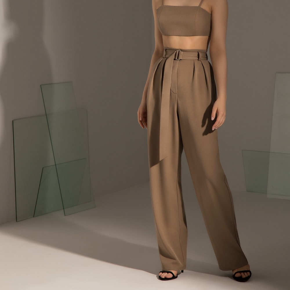 High-Waist Wide Leg Belted Pants - Brown - Picture 1 of 11